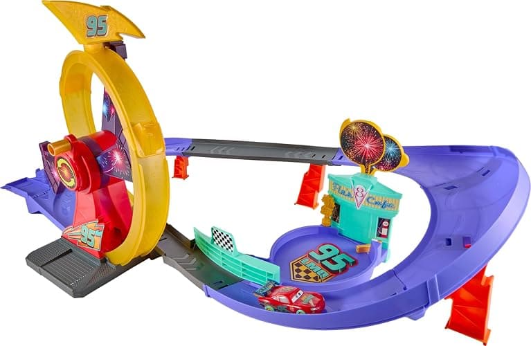 ​Mattel Disney and Pixar Cars Race to Celebrate Celebration Raceway | Toy Track Set with Light-Up Lightning McQueen, Loop & Wind-Up Kicker thumbnail 6