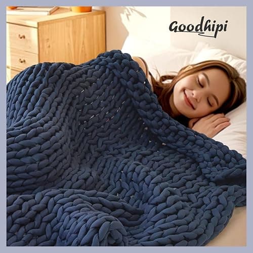 Goodhipi Hand-Knit Weighted Blanket for Adults,Chunky Knit Blanket, Cooling,Breathable,Sustainable for Deep Sleep Pressure,Machine Washable,Organic Cotton,Birthday Gifts for Women(Blue,40"*60",8lbs) thumbnail 4