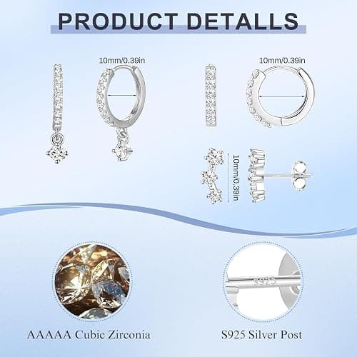 Eathareel Sterling Silver Hoop Earrings Set for Women, 14K Gold Plated|Silver Blue|Emerald Green Shiny CZ Earrings Set, Hypoallergenic Earring for Sensitive Ears, No tarnish No Lead thumbnail 2