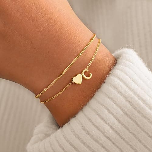 M MOOHAM Valentines Day Gifts for Kids Teen Girls -14K-Gold-Plated Heart Initial A-Z Bracelets for Women Girl Dainty Gold Bracelets Birthday Valentines Gifts for Women Her Teenage Girls Kid Teen Gift thumbnail 2