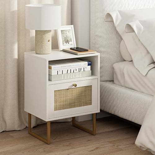Masupu Rattan Nightstand,Modern Boho Farmhouse Wood Bedside Table with Storage Drawer and Open Shelf,Small Gold Frame Side End Table for Bedroom,Living Room,Office(White) thumbnail 9