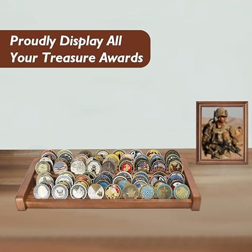 ASmileIndeep 8 Rows Solid Wood Challenge Coin Display Stand - Military Holder for Up to 60-70 Coins - Ideal Rack for Army Navy Marine Corps Law Enforcement Collectors, Walnut Finish thumbnail 6