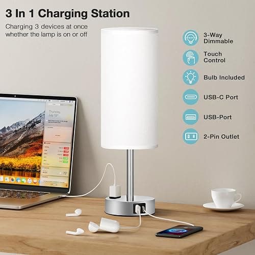 Fenmzee White Touch Bedroom Table Lamp - 3 Way Dimmable Bedside Lamp USB C A Charging Ports and AC Outlet, Small Lamp Nightstand with Silver Base for Living Room, Office Desk, LED Bulb Included thumbnail 3