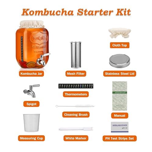 1 Gallon Kombucha Starter Kit, Glass Kombucha Jar with Spigot and Stainless Steel Mesh Filter Fermentation Kit for Home Brewed Kombucha Bottles, Includes Test Strips, Measuring Cups, Cloth Top thumbnail 4