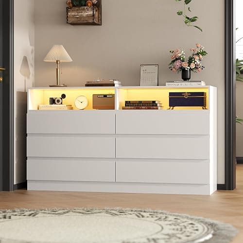 STIKELY Drawer Dresser for Bedroom with Power Outlet, Black Dressers with LED Light, Dresser Chest of Drawers for Closet,Wood Dressers Organizer Cabinet (White 6 Drawers) thumbnail 8