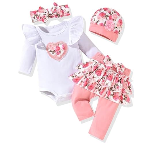 fioukiay Newborn Baby Girl Clothes Infant Girls Floral Love Printed Romper and Ruffle Pants Sets 4pcs Winter Fall Outfits - Image 1