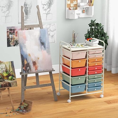 LDAILY 15 Drawer Rolling Storage Cart, Rolling Cart with Drawers for Classroom, Art Supply Craft Organizer on Wheel with Metal Frame & Handles for Home Office School thumbnail 2