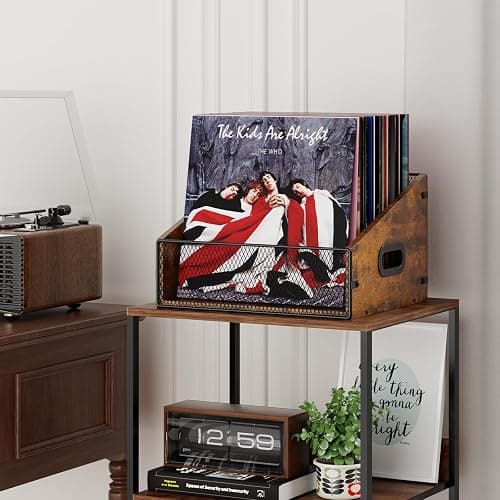Yuzehuaza Vinyl Record Storage Holder, Trapezoidal LP Vinyl Record Crate with Handle, Wood & Metal Album Storage Desktop Organizer Box for Books Files, Rustic Brown thumbnail 5