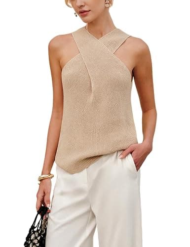 Yeokou Women Halter Cross Over Collar Tank Knit Sleeveless Top Solid Color Casual Summer Blouse - Image 1