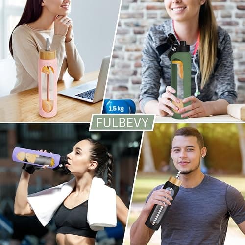 FULBEVY 32 oz Glass Water Bottles - 1 Liter Motivational Tumbler With Time Marker - Borosilicate Glass With Silicone Sleeve and 2 Lids, Handle Spout & Bamboo Straw Lid thumbnail 6