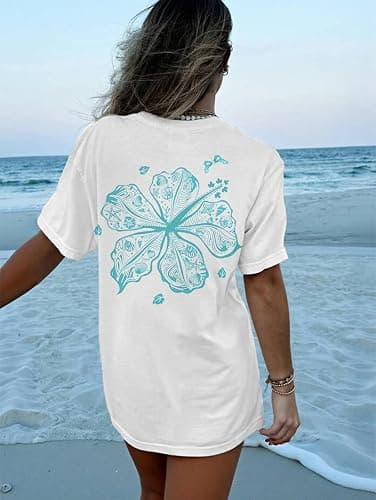 Oversized Graphic Tshirts for Women Teens Y2K Flower Short Sleeve Baggy Shirts Summer Aesthetic Beachy Coastal Tops thumbnail 2