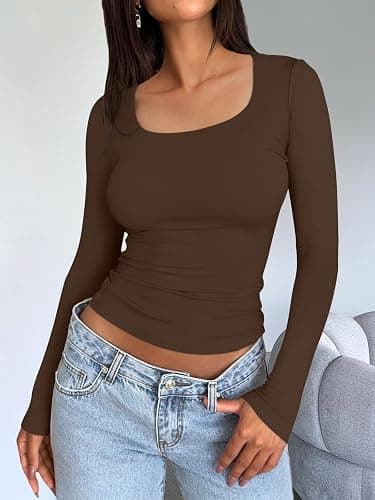 Trendy Queen Womens Square Neck Long Sleeve Double Lined Slim Fit Tops thumbnail 3
