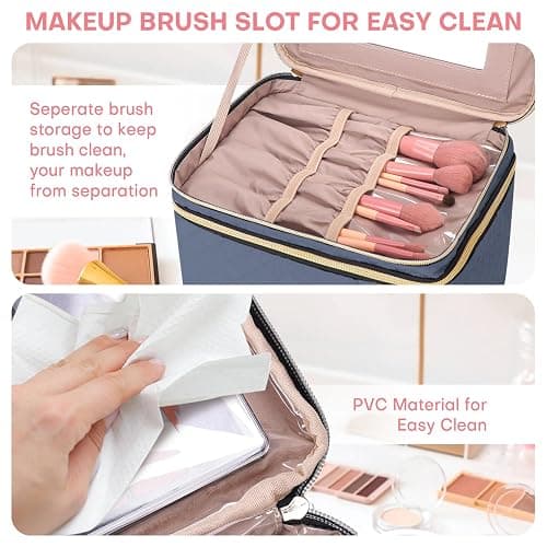 HXLGMD Large Makeup Bag with Mirror Double Layer Travel Make Up Organizer Case, Large Capacity Coemetic with Brush Slot Divider, Travel Toiletry Bag for Women (Aegean Blue) thumbnail 7