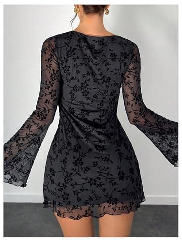 SOLY HUX Women's Floral Mesh Mini Dress Bell Long Sleeve Bodycon Gothic | Fall Dress，Sexy，Lace， Going Out，Party，Lace，Night Out，Going Out，Witchy Dress，Flare Sleeve thumbnail 2
