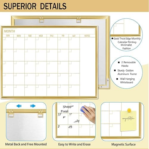 Gold Dry Erase Calendar Whiteboard for wall-18 x24’’,Portable Aluminum Frame,Magnetic Calendar White Board,Wall Planner Dry Erase Board for Office, Kitchen, School, Home-GG-4560 thumbnail 4