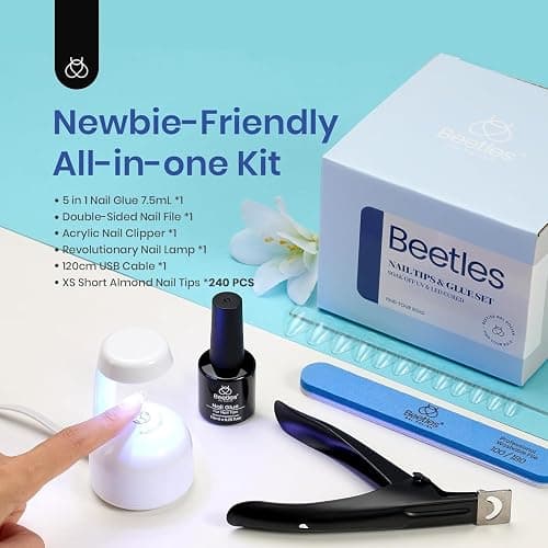 Beetles Gel Nail Kit, Short Almond Nail Tips Easy Extension Set 240 Pcs Pre Shaped Clear Full Cover Fake Nails Tips with 5 In 1 Nail Glue Uv Led Lamp DIY Manicure Gifts for Women thumbnail 2