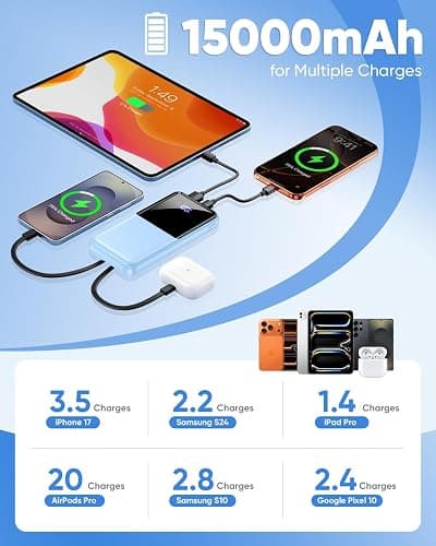 CFIAI Portable Charger 15000mAh Slim Power Bank with Built in Cables | 22.5W Fast Charge, Travel Essential, 50% Larger Capacity USB C Battery Pack for iPhone Samsung Google Android, Glacier thumbnail 4