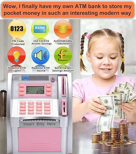 YaBao Pounds Version Electronic ATM Savings Bank Digital Piggy Money Bank Machine,Electronic Cash Box with Debit Card,Password Login,Voice Prompt,Coin Recognition,Targets Setting (Silver/Pink) thumbnail 5