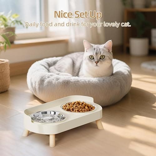 Elevated Cat Bowl, Raised Cat Food and Water Bowl Set for Indoor Cats, Splash Proof with 2 Stainless Steel Pet Food Bowls for Cats and Puppies, Whisker Fatigue and Dishwasher Safe - White thumbnail 8