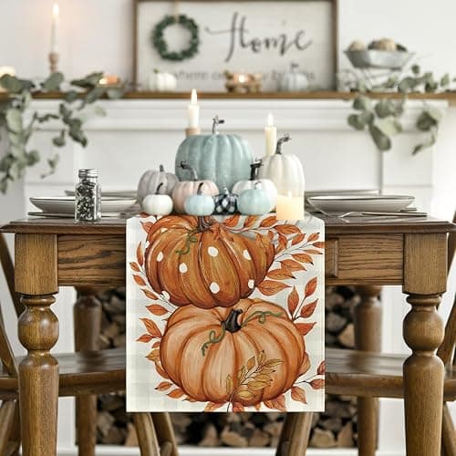 Artoid Mode Buffalo Plaid Orange Pumpkins Eucalyptus Fall Table Runner, Autumn Thanksgiving Kitchen Dining Table Decoration for Home Party Decor 13x36 Inch thumbnail 2