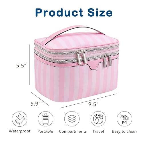 Lestikave Cute Pink & White Large Capacity Stripe Makeup Case with Compartments,Nylon Travel Essentials Coquette Cosmetic Bag, Toiletry Brush Bag With Handle and Divider for Women Girls (02Top Open) thumbnail 3