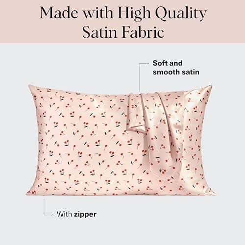 Kitsch Satin Pillowcase, Softer Than Silk Pillow Cases Queen, Cooling Pillow Covers, Satin Pillowcase w/Zipper for Hair, Skin & Quality Sleep, Wrinkle-Free & Smooth, Queen Size 19"x26", Cherry Print thumbnail 2