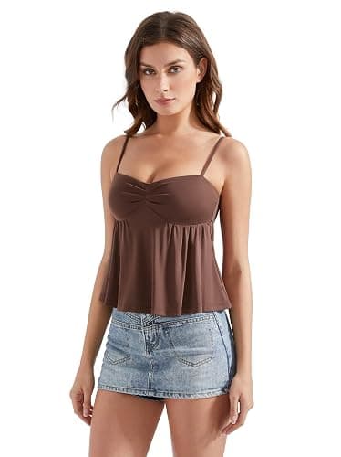 OMKAGI Cute Peplum Camisole Tops for Women Built in Bra Sleeveless Going Out Tank Top - X-Small - 22-dark Brown thumbnail 3