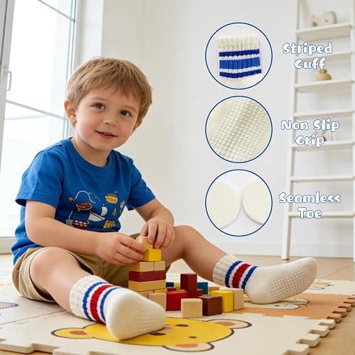 BONANGEL Baby Socks with Grips, 6 Pairs Combed Cotton Seamless Non Slip Crew Socks for Infant Toddler Girls Boys 0-5T thumbnail 4