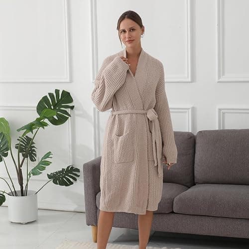 bearberry Cozy Robe Lightweight Soft Plush Robe Vertical Bar Hoodless Sleepwear Nightgown with Pockets for Women thumbnail 7