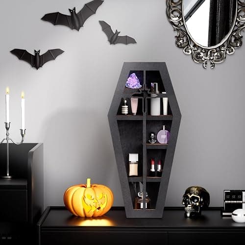 Qmetalart Coffin Shelf with Acrylic Dust Cover, Wooden Gothic Decor for Display or Storage Rocks Mini Figures, Cross Cut-Out Design, Wall Hanging & Tabletop Crystal Display Shelf Gothic Home Decor thumbnail 6