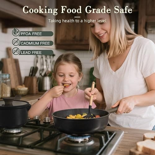 Astercook Non Stick Pots and Pans Set, Healthy Non-Toxic Titanium Induction Kitchen Cookware Sets for Cooking with Frying Pans, PFAS/PTFE/PFOA & PFOS Free, Black, 19 Pcs thumbnail 9