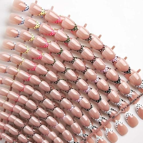 Polka Dot Press on Nails Short Almond Fake Nails 9 Colors French Tip Nails Press ons with Design Reusable Artificial Nail in 12 Sizes Full Cover Stick on Nails for Women Manicure Decorations 216Pcs - Image 1