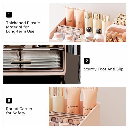 UFORU Makeup Organizer for Vanity with Brush Holder, Countertop Skincare Organizer with 2 Drawers, Spacious Cosmetic Display Case for Perfumes, Eyeshadow Palettes, Nail Polishes thumbnail 7