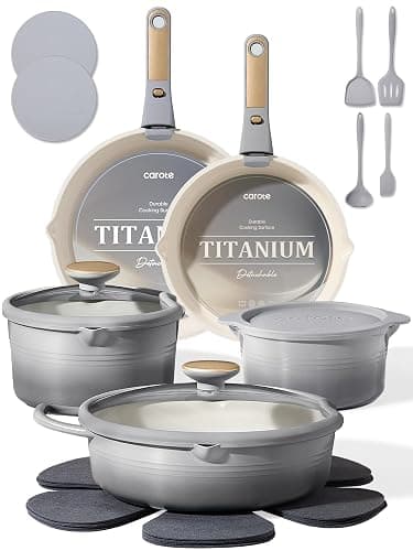 CAROTE 20pcs Titanium Cookware Set, Pots and Pans Set Detachable Handle | Non-Stick, Non-Toxic, PFAS and PFOA Free, Induction Compatible, Dishwasher & Oven Safe, Space Saving, Camping Cooking, Gray - Image 1