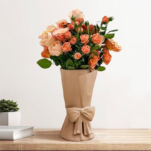 Relexome Beige Ceramic Bow Vase 9.64 in Unique Cute Modern Decorative Bouquet Flower Vases for Home Living Room Table Decor Women Girl Gifts - Image 1