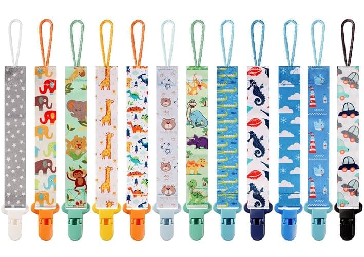 12 Pack Pacifier Clips with Strap 25.5cm - Premium Polyester Baby Pacifier Holder Set, Multi-Design Clips for Boys Girls (Multi Color C) - Image 1