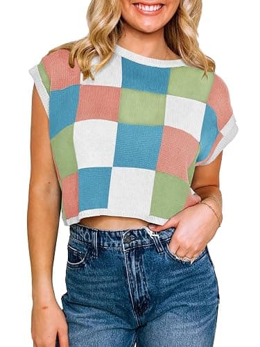 Saodimallsu Womens Cap Sleeve Crop Tops Summer Color Block Going Out Crew Neck Knit Trendy Casual Sweater thumbnail 2