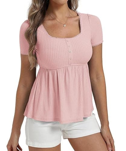 Belle Poque Women's Summer Cute Tops Short Sleeve Babydoll Peplum Top 2026 Square Neck Casual Shirts Teen Top Tee thumbnail 4