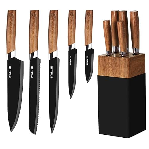 lapelux Kitchen Knife Set - 5 Piece Knife Set with Block, Wood Grain Handle, Stainless Steel Knivese with Chef, Bread, Slicer, Utility, Paring Knife for Cutting Meat/Vegetables/Fruit.… thumbnail 2
