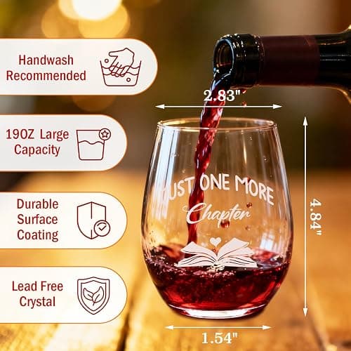 Zunaked Book Lover Gifts for Women - Novelty Bookish Gifts for Readers, Bookworms, Librarians - Wine Gift for Women, Mom, Friend, Birthday - Just One More Chapter 19 oz Stemless Wine Glass thumbnail 3
