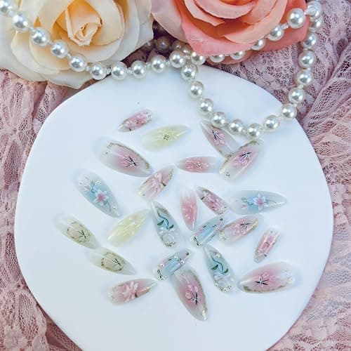 Mkwntg 24Pcs Gradient Press on Nails Medium Almond Fake Nails 3D Light Flower Blush Pearl Shimmer False Nails Pink Blue White Glue on Nails Reusable Acrylic Spring Floral Stick on Nail for Women thumbnail 7