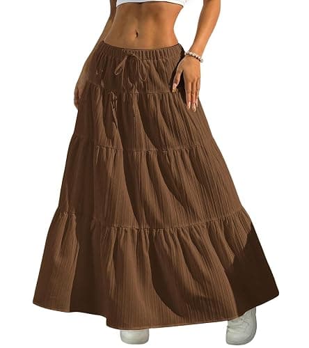 DERAX Women's Boho Flowy White Maxi Skirt Flared Ruffle Elastic Waist Summer A Line Long Skirts - Image 1