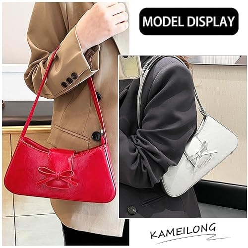 KAMEILONG Trendy Red Shoulder Bag for Women Patent Leather Hobo Handbags Y2K Purses Clutch Bag Cute Bow Purse thumbnail 5