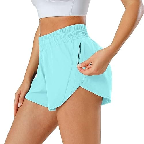 Aurefin Athletic Shorts for Women,Women's Quick Dry Workout Sports Active Running Track Shorts with Elastic and Zip Pockets - Regular Fit - Small - Light Blue thumbnail 3