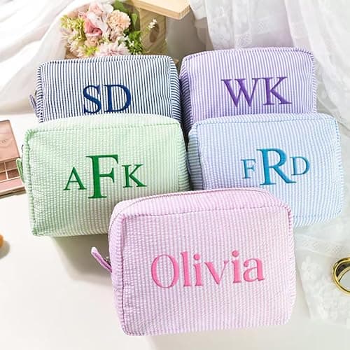 Personalized Cosmetic Bag with Name, Cute Custom Makeup Bags for Women Girls Seersucker Bridesmaid Travel Bag, Organizer Storage Pouch, Cute Pattern, Available to Match Travel Bags thumbnail 3