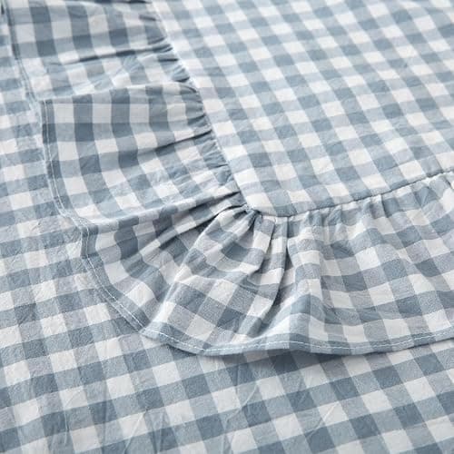 Silnuo Light Blue Plaid Body Ruffle Pillow Sham,Washed Cotton Shabby Checkered Gingham Long Pillow Cover (1 Piece) thumbnail 5