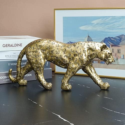 Polyroyal Cheetah Statue Home Decor Leopard Sculpture Resin Sitting Cheetah Figurine Desktop Table Top Ornament Decoration for Home Office-Gold Or Silver (Walking-Champagne Gold) thumbnail 2