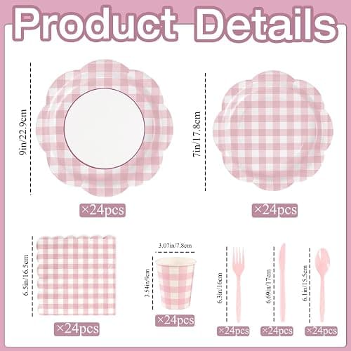 168Pcs Pink Gingham Plates and Napkins Party Supplies, Scalloped Checkered Disposable Paper Plates Set with Napkins Cups Plastic Cutlery for Birthday Wedding Baby Shower Spring Party Supplies thumbnail 3