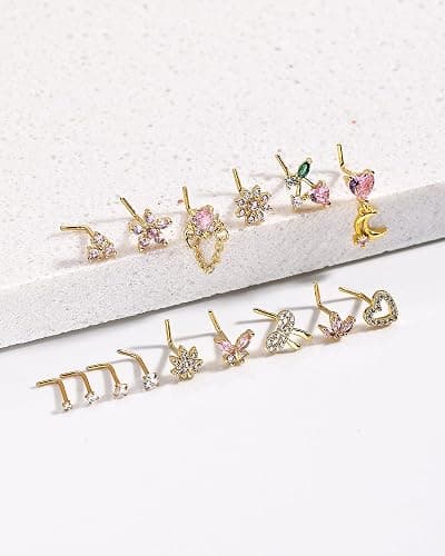 BSJ4U Nose Rings L Shaped for Women Nose Piercings 20G Surgical Stainless Steel Gold Plated Nose Studs Pink Red CZ Heart Butterfly Flower Cherry Bow Moon Dangle Nose Piercing Jewelry thumbnail 2