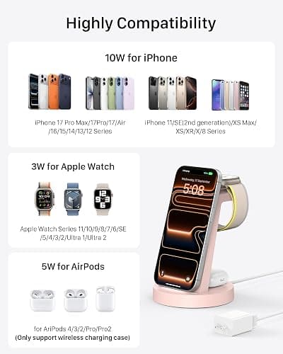 Anlmz 3 in 1 Charging Station for iPhone, Wireless Charger for iPhone 17 16e 16 15 14 13 12 11 X Pro Max & Apple Watch - Charging Stand Dock for AirPods (Pink) thumbnail 4